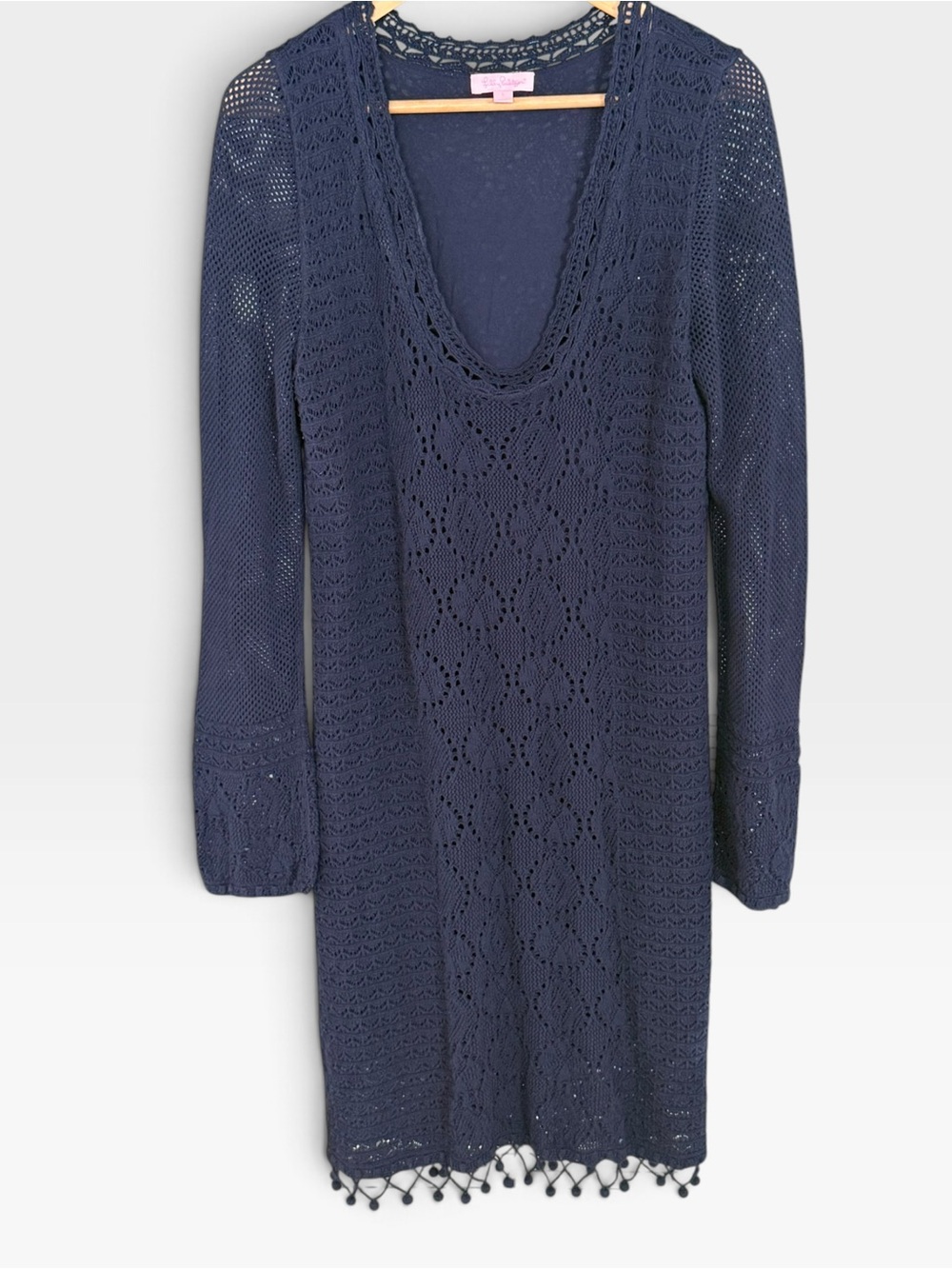 Lilly Pulitzer Navy Crochet Knit Dress Scoop Neck Fringe Hem L